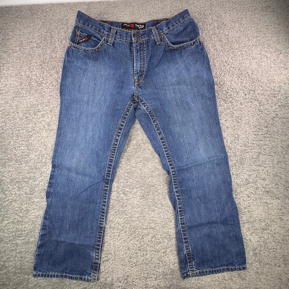 Ariat FR M4 Low Rise Boot Cut Mens Work Pants Blue Denim 34x30 CAT 2 SEE FLAW